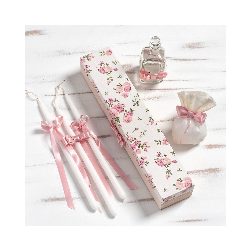 Σετ Βάπτισης Παρίσης Floral Με Ροζ Κουτί Βάπτισης